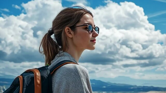 Woman backpacking, looking at distant landscape under cloudy sky. Travel stock image for website header