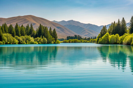 Calm turquoise lake reflecting mountains, trees, sunny sky; idyllic nature scene - Powered by Adobe