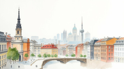 Naklejka premium Watercolor portrayal of the historic cityscape and architectural landmarks