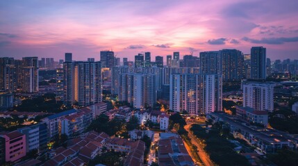 Fototapeta premium Housing costs reflected in a vibrant urban skyline at dusk. Featuring innovation and inclusivity