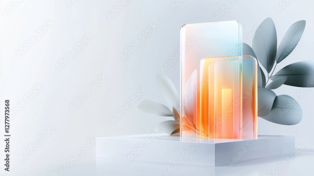 Poster minimalist abstract 3d render with geometric lighting fixture and colorful gradient background