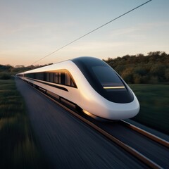Fototapeta premium Futuristic Railway Travel Concept Express Train Advancing Rapidly Through Scenic Countryside Landscape