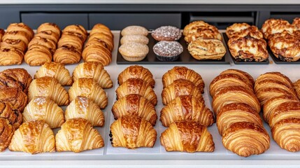 Golden Pastries Delight Freshly Baked Croissants Muffins Display for Customers Food Variety Selection
