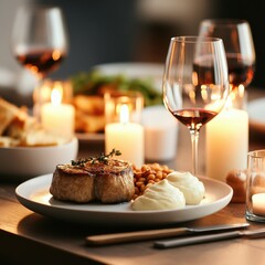 Gourmet Filet Mignon Dish Elegance with Wine and Candlelight Dinner Meal Aesthetic Still Life