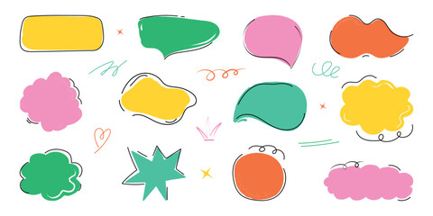 Crayon speech bubble set in trendy doodle style. Color chalk balloons for text, chat, dialog icon. Hand drawn child frames, talk box, cloud. Isolated vector illustration.