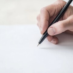 Hand Writing on Blank Paper Using a Black Pen Under Gentle Lighting with Close Up Viewpoint Focus