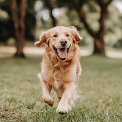 Obraz premium Joyful Golden Retriever Running Freely in a Green Meadow Capturing a Heartwarming Moment