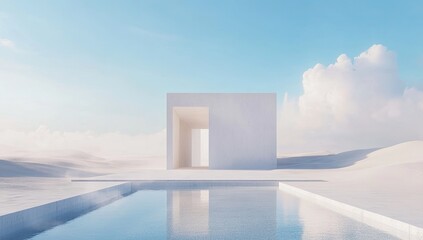 White desert oasis pool house, serene minimalist scene