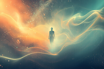 Surreal Digital Artwork of a Floating Silhouette Amid Abstract Waves of Light &ndash; Symbolizing Mental Clarity, Mindfulness, and Emotional Well-Being