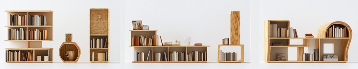 Modern wooden shelving units, books, home decor, white background, interior design