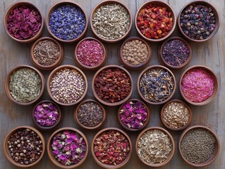 Assortment of dried flower petals and herbs in wooden bowls on rustic wooden background top view arrangement