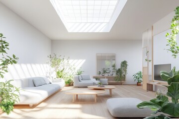 Bright Scandinavian Living Space with Skylight and Lush Garden - Interior Concept Mockup