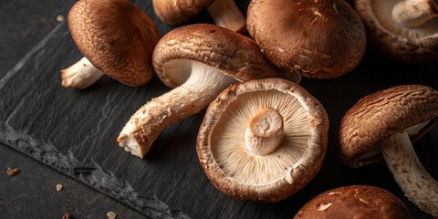 A bunch of mushrooms are on a black surface. The mushrooms are brown and have a fresh appearance