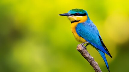 Fototapeta premium Vibrant bird perched on a branch, showcasing its colorful plumage against a blurred green background