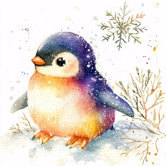 Cute watercolor penguin in a snowy landscape with delicate snowflakes.
