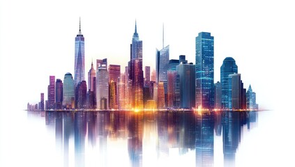 Fototapeta premium NYC Skyline, Cityscape, Night, Reflections, Isolated