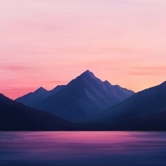 Obraz premium Serene Mountain Landscape Reflecting in Lake at Dusk with Pink Hues and Blue Shadows Calm Scene