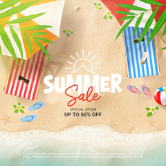 Bright summer sale card. Vector summer template with beach, chairs, umbrellas, ball, seashells, flip flops, sea wave, tropical leaves, flowers. Ad background for promotion of summer goods, events.