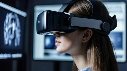 Woman uses VR headset in research lab with brain scans - Powered by Adobe