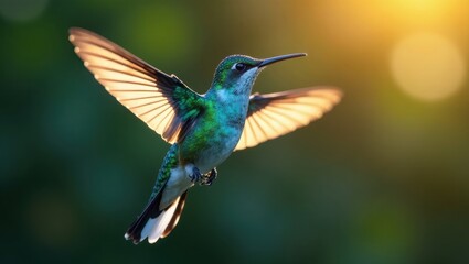 Fototapeta premium A Vibrant Green Hummingbird in Flight, Wings Spread Wide, Bathed in the Golden Light of the Setting Sun, a Moment of Natural Beauty Captured