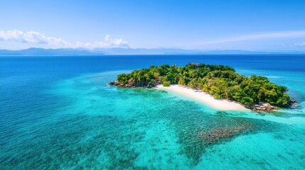 Tranquil Tropical Island Paradise with Azure Waters and Pristine Sandy Beach Under a Clear Blue Sky