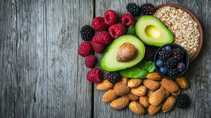 Nutritious food variety featuring fruits, vegetables, and whole grains