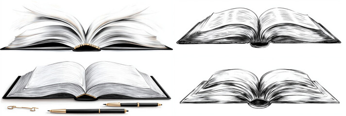 A stack of open books with pages, pens, and newspapers, symbolizing business, finance, education, and information sharing in an office setting