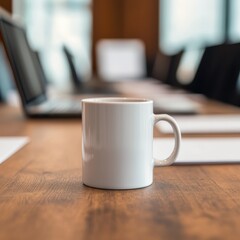 White Mug Displayed on a Wooden Conference Table with Laptop and Papers in a Bright Office