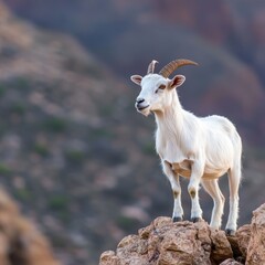Obraz premium Wild Mountain Goat Standing Tall on Rocky Peak Overlooking Scenic Landscape Natural Habitat Animal Life
