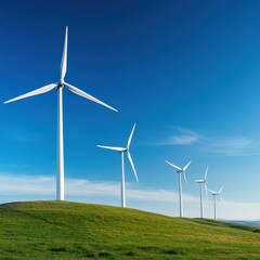 Wind Turbines on a Green Hill Renewable Energy Source Under Bright Sky Generating Power Clean Future