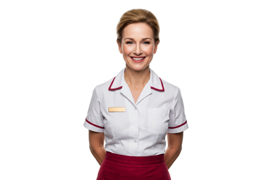 Smiling waitress worker,  transparent PNG, isolated, cut-out