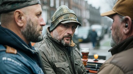 Mature caucasian men socializing outdoors in casual winter attire