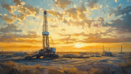 Oil rig at sunset, drilling operation, desolate landscape, industry
