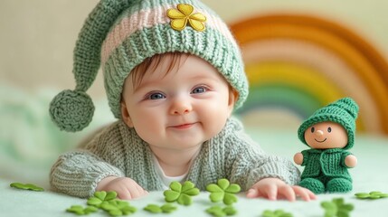 A baby in a green strip outfit playing Gnome model toy, wearing a green knitted and shamrock hat The entire scene has a festive St. Patrick's Day theme, highlighted by the green color and clover motif