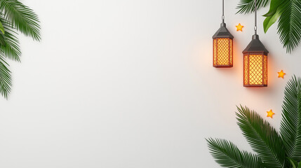 Decorative lanterns with palm leaves on bright background