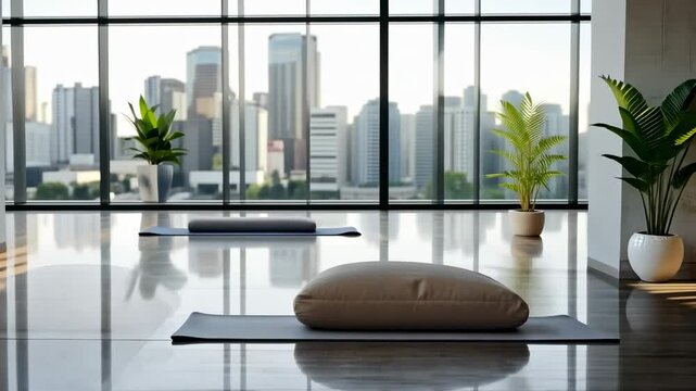 Yoga mats setup in studio. City view for urban retreat ad