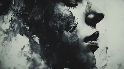 Abstract monochrome portrait of a woman dissolving into dark ink splatters in a surreal composition

