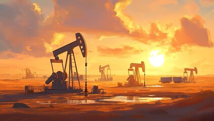 Oil pumps at sunset in a desert landscape