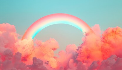 Pastel rainbow arching over pink cloudscape; dreamy background, design element