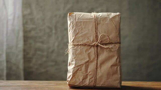 Wrapped gift package on a wooden table against a window and gray wall. Mockup for advertising
