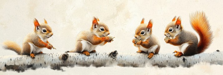 Fototapeta premium Adorable Squirrels Basking on Birch Log, Enjoying Seeds Together