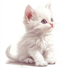 Adorable Playful Kitten Sitting on White Background, Small Cute Pet Full of Energy
