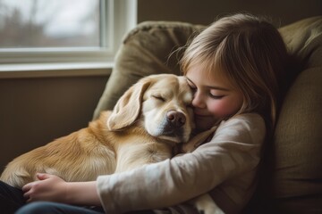 Obraz premium Adorable Girl Embracing Her Dog on a Cozy Chair Indoors