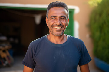 portrait of a old aged man, close-up, smiling, mature, blue t-shirt, looking at the camera, gray-haired, bearded.
