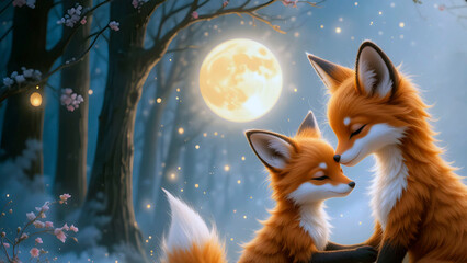 Whimsical fantasy style illustration of mother and child fox cuddling under a glowing moon for Mother's Day
