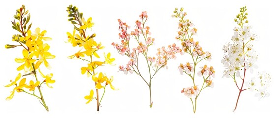 Isolated floral set: small sprigs of yellow Berberis Thunbergii, pink Chamelaucium, and white gypsophila for modern botanical design