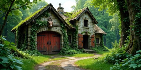 Fototapeta premium Secluded Stone Cottage Nestled Amongst Lush Greenery and Towering Trees, Featuring a Mossy Roof and Rustic Charm