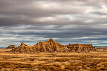 Desert landscape, dramatic clouds, Bardenas Reales, Spain, travel