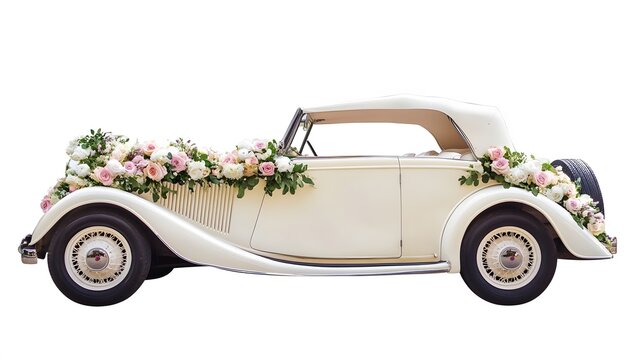 Classic vintage car is adorned with beautiful wedding flowers