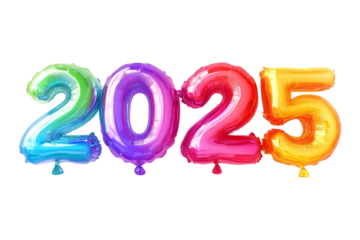 Welcome 2025 with colorful balloons and celebration